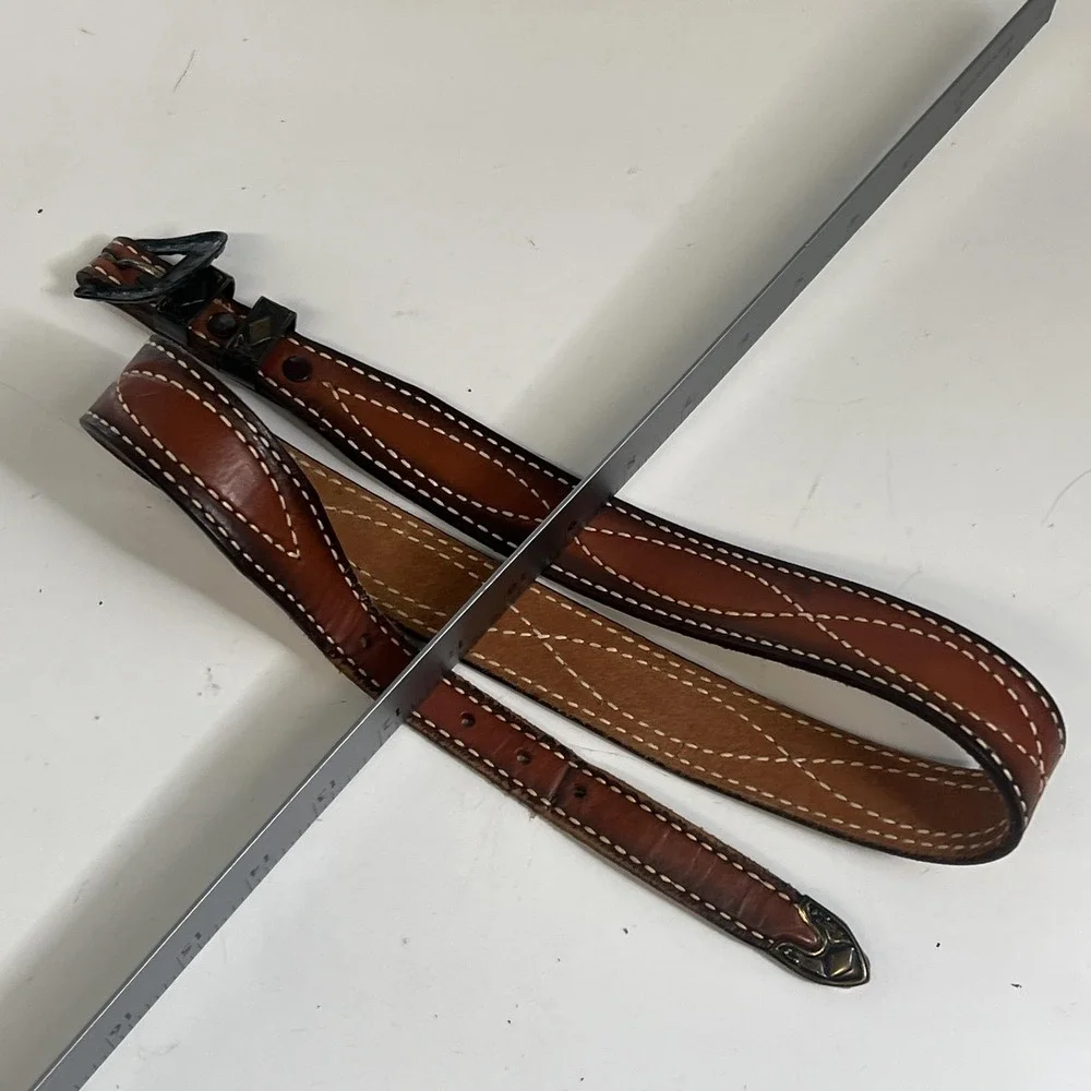 Western Leather Textan Belt 32 Brown Studded Cowhide Stitched‎ Made USA 1725B